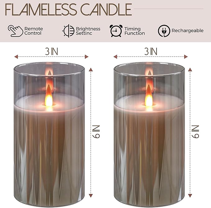 Rechargeable Flameless Candles, Flickering LED Candles, Real Wax Candles with Remote and Timers, Glass Pillar Candles 3D Wick for Wedding Festival Home Decoration, 6" Candle Set of 2,Grey
