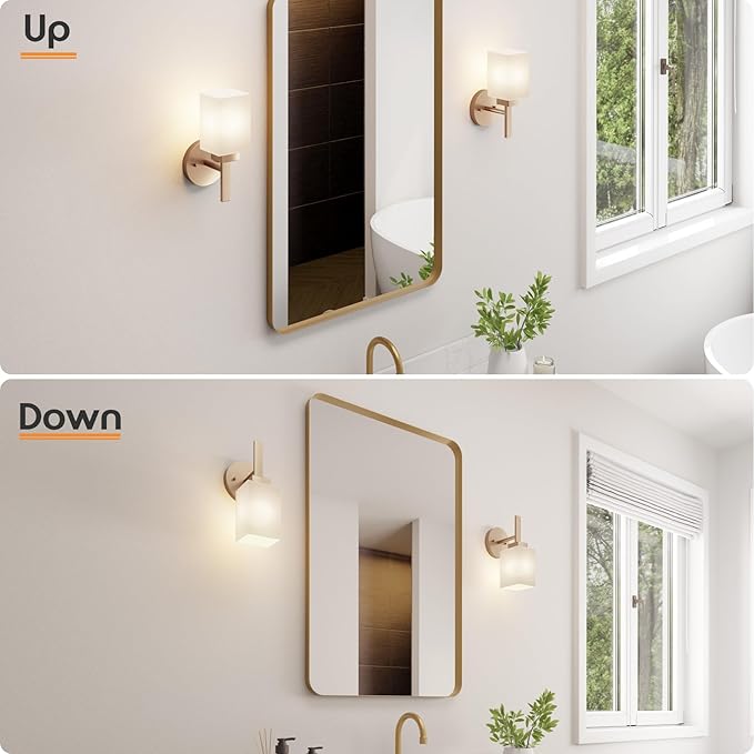 Bathroom Vanity Lighting Fixtures with White Frosted Glass Shade, Champagne Bronze Wall Lamps Over Mirror for Bedroom Living Room, 2 Pack T002CPG-L1-P2