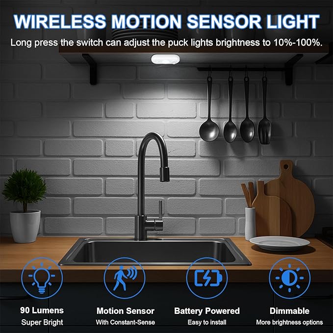 LED Motion Sensor Light Indoor, Magnetic Under Cabinet Lighting Daylight White, Dimmable Rechargeable Puck Lights for Closet, Kitchen, Stairs(6 Pack)