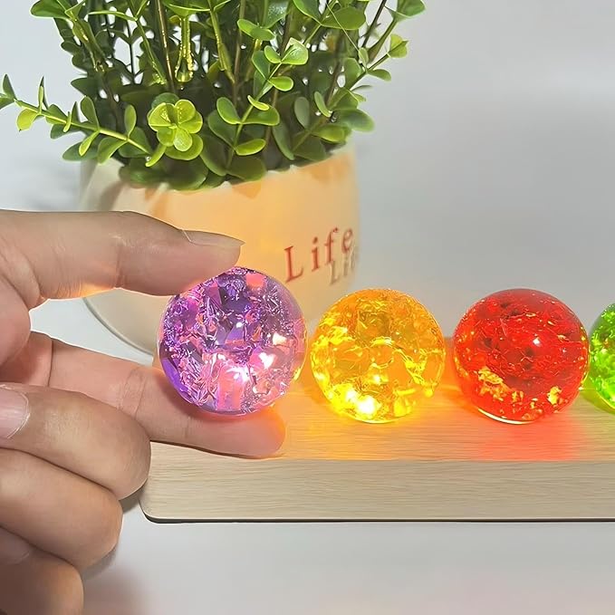 40mm 7 Colors Ice Cracked Glass Crystal Chakra Sleep Lamp Decorative USB Lights with LED Wooden Base, for Meditation Positive Energy Gift Decoration Balls Set