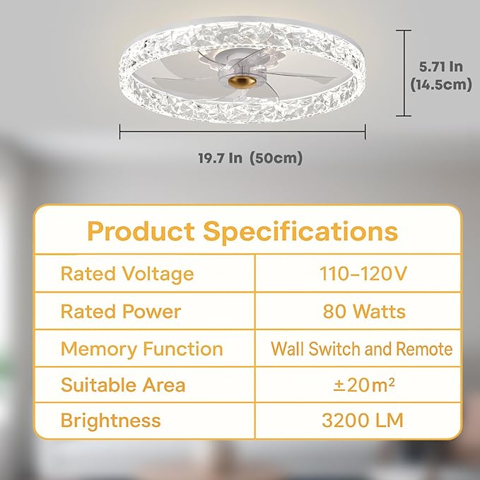 20'' Ceiling Fan with Light, Upgraded Low Profile Fan, Flush Mount Ceiling Fan, 6 Speeds, Dimmable LED, App & Remote Control, Quiet DC Motor, for Bedroom, Living Room, F098 White
