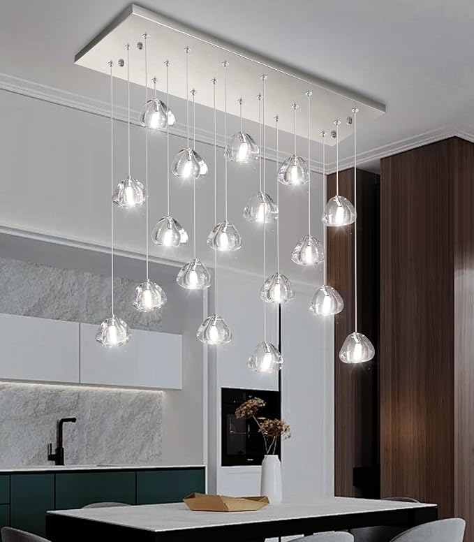 W35 x D11.8 x H118 Rectangular Chandelier Bubble Crystal Balls Glam Chandeliers Dimmable Light High Ceiling Pendants Light Fixtures Adjustable Long Lights Brushed Nickel