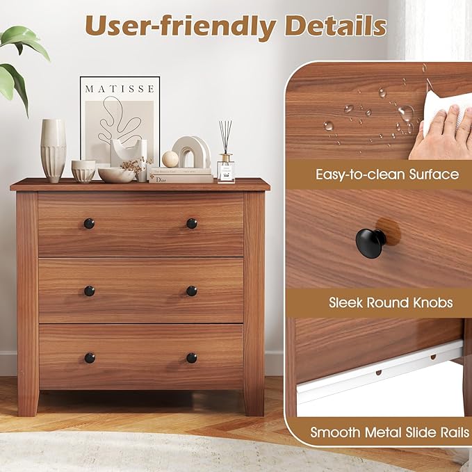 Giantex Small 3-Drawer Dresser for Bedroom - 28.5” x 18” x 26” Wide Chest of Drawers, Modern Large Nightstand, Storage Cabinet, Closet Storage Organizer for Living Room, Hallway (Walnut)