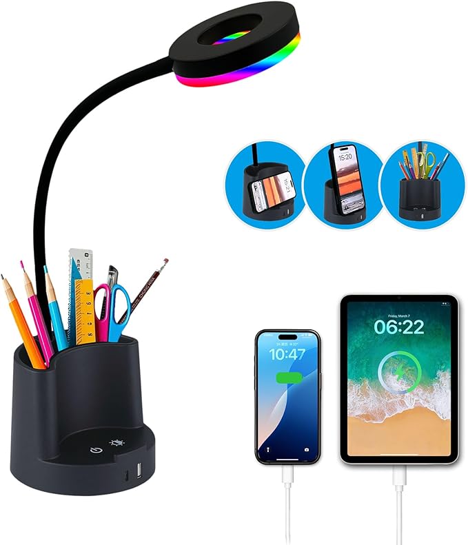 HomeFocus LED Desk Lamp,Eye-Caring Dimmable Reading Light,RGB Night Light,Student Lamp,Lamp,Table Lamp,Metal Flexible Gooseneck Lamp,Desk Lamp for Home,Office,Gift for Kids,Students,Women,Black.
