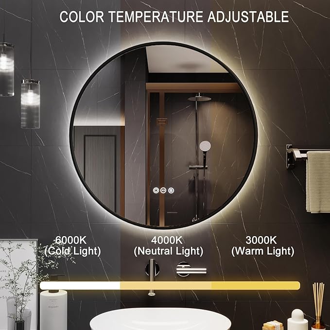 Round Bathroom Mirror with Lights, 36x36 Inch Vanity Mirror with Backlit, Anti-Fog, 3 Colors and Stepless Dimmable Wall Mounted Makeup Mirror with Metal Frame (Black)