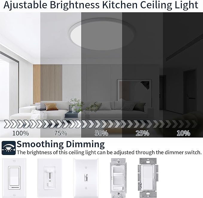 MOONSEA 20 Inch LED Dimmable Ceiling Light Fixture 40W - Round Flush Mount Adjustable 3000K/4500K/6000K Large Kitchen Light Fixture, 4000lm Hallway Light Fixtures for Bedroom, White
