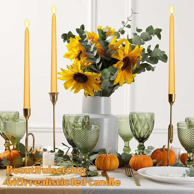 Macarrie 24 Packs Flameless Taper Candles Battery Operated Fake 11 Inch Long Candlelight LED Flameless Candlesticks Flickering Tapered for Spring Summer Wedding(Yellow)