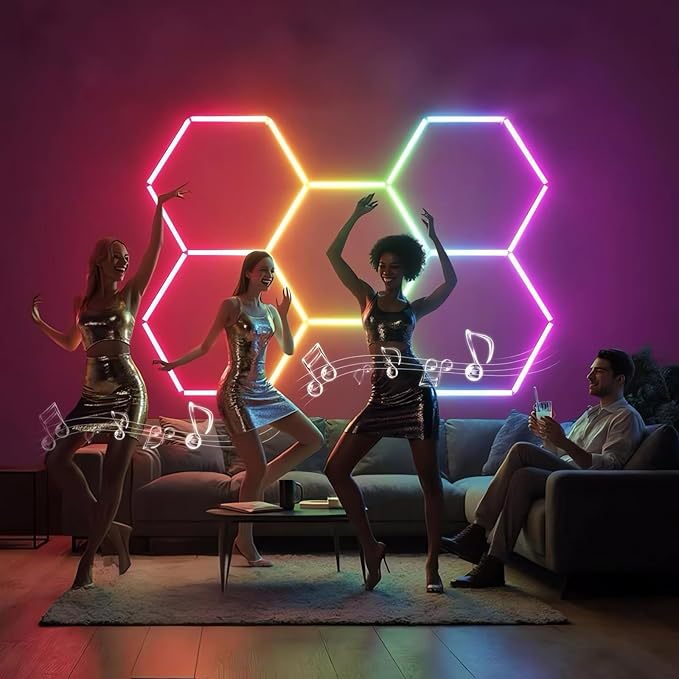 25 Pack RGB Hexagon Garage Light Kit, 5 Hex Panels with Music Sync, Color Changing LED Lighting, App & Remote Control, DIY Honeycomb Design for Garage, Gym, Workshop, Gaming Room