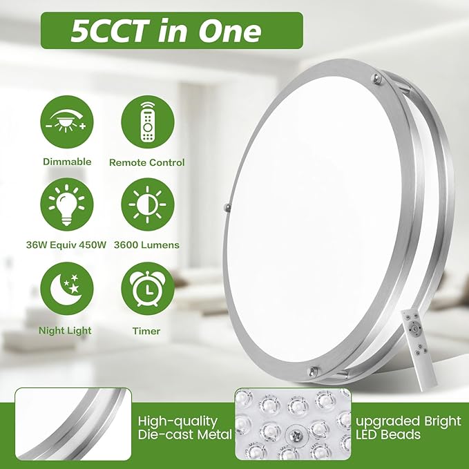 2-Pack Flush Mount LED Ceiling Light Fixture with Remote: 13Inch 36W Dimmable Modern LED Ceiling Lights, 2700K-6500K Adjustable 3600lm Super Bright Kitchen Lighting for Bathroom Hallway Brushed Nickel