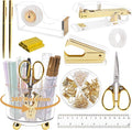 Office Desk Accessories Supplies - 11 Pcs Gold Desk Decor Set with 360-Degree Rotating Pen Holder, Women Cute Aesthetic Office Essentials Kit, Stapler Tape Dispenser, Acrylic Gift for School Home Work