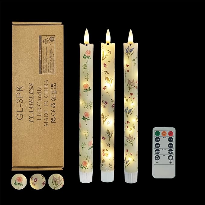 Floral Candles Remote Candlesticks-10inches Timer Flickering Battery Operated Candle Chinoiserie LED Taper Candles Lights for Home Wedding Tea Party Windows Decor,3PCS-RFL