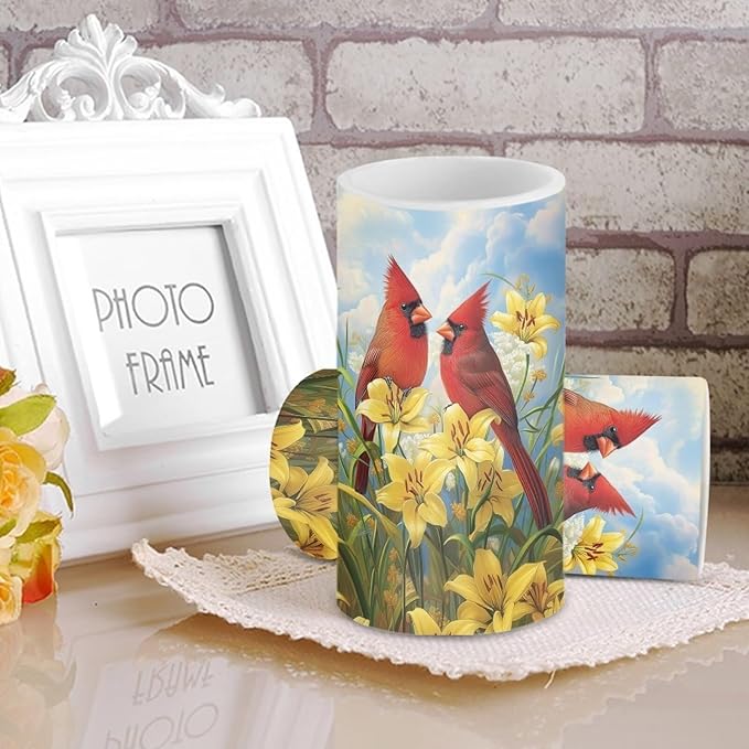 Cardinal Bird Flameless Candles 2 Pack 6 x 3 inch Battery Operated Candles with Multicolor Timer Remote Control LED Fake Candles for Warm Light Dinner Table Home Decor