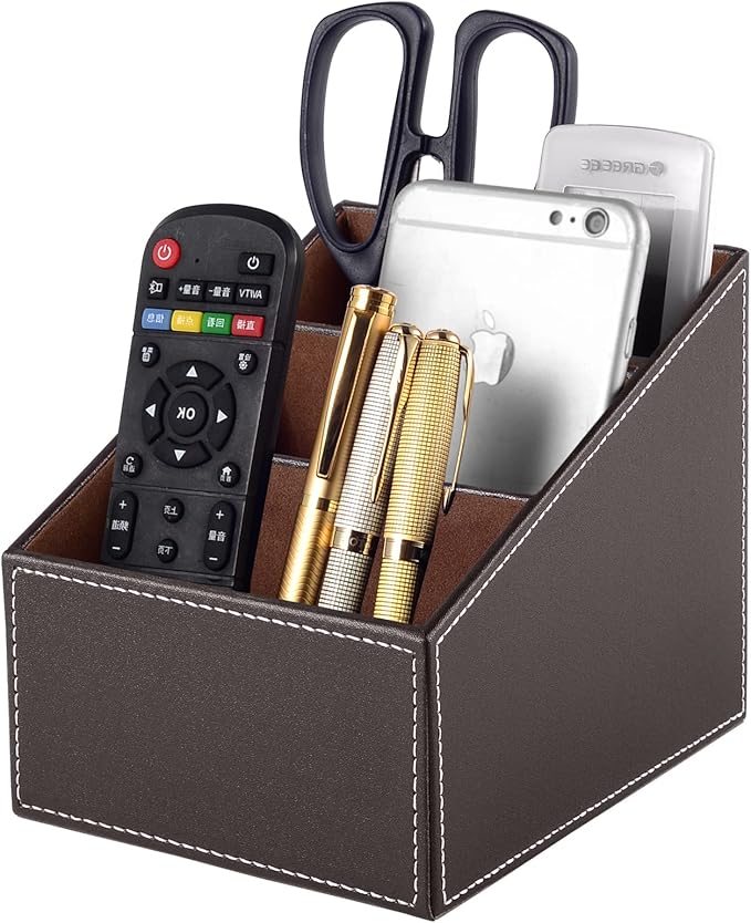 TV Remote Control Organizer/Caddy with 3 Compartments,PU Leather Remote Holder Bedside Table Top, Storage Box, Mobile Phone and Media Accessory Storage,Desk Organizers(brown)