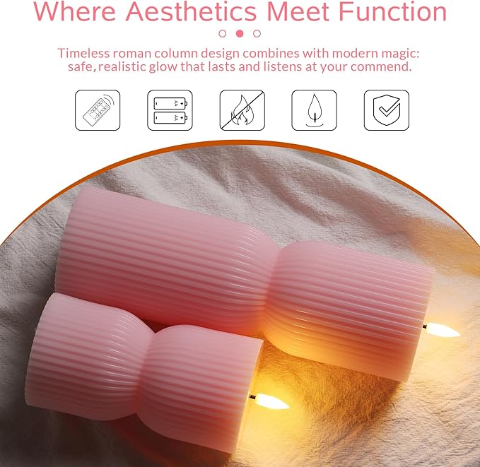 Pink Ribbed Flameless Pillar Candles with Remote, Flickering LED Candles Battery Operated Real Wax Set of 2