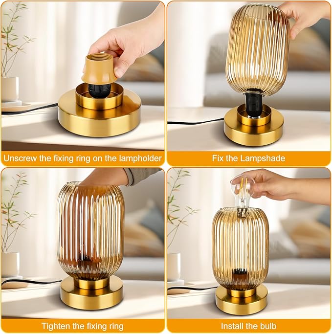 Mid Century Modern Table Lamp with Amber Ribbed Glass Shade,Touch Control & 3 Way Dimmable,Small Gold, Vintage Bedside Lamp for Bedroom, Living Room,Office (Bulb Included)