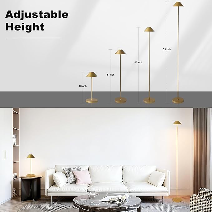 Rechargeable Floor Lamp for Indoor/Outdoor, Cordless Tall Standing Lamp with 3 Color Temps & Dimmable, IP43 Waterproof, Adjustable Height 16-59 Inch, LED Floor Lamp for Living Room, Patio(Gold)