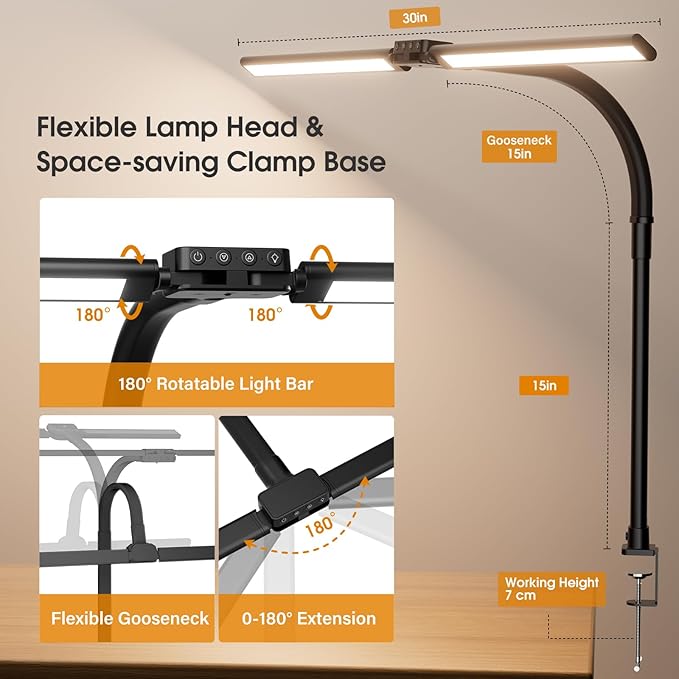 LED Desk Lamp for Home Office - Dimmable Computer Desk Light with Clamp, Modern Architect Task Lamp with Color Changing, Flexible Desktop Lamp with Gooseneck for Monitor, Double Head, Black