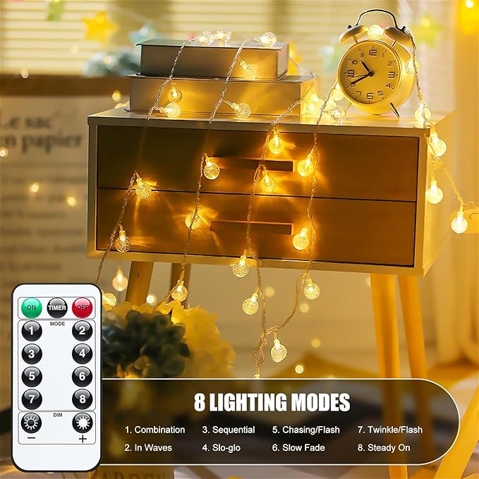 Minetom Crystal Globe String Lights Battery Operated - 33 ft 60 LED Globe Fairy Lights with Remote and 8 Modes, Waterproof for Bedroom Tent Loft Camping Porch Patio Party Wedding Decor, Warm White