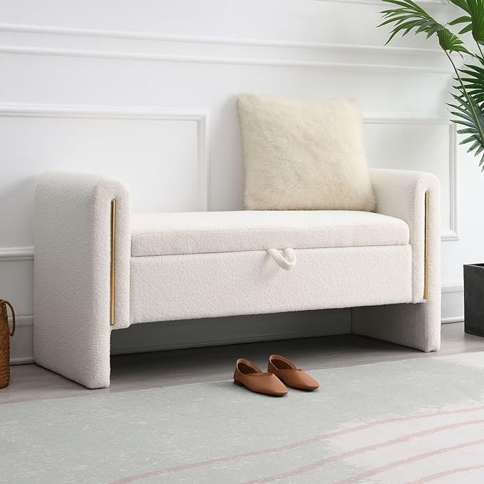 Modern 52" Storage Ottoman Bench, Upholstered End of Bed Storage Bench with Armrests, Entryway Bench, Teddy Foot Rest Stool for Living Room Hallway Bedroom (White)