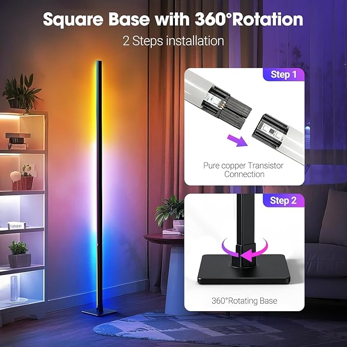 Floor Lamp,RGBICW Led Lamp Compatible with Alexa and Google Assistant,60 Inch 4 Segment Detachable Corner Light with Square Base for Living Room and Bedroom Ambient Lighting