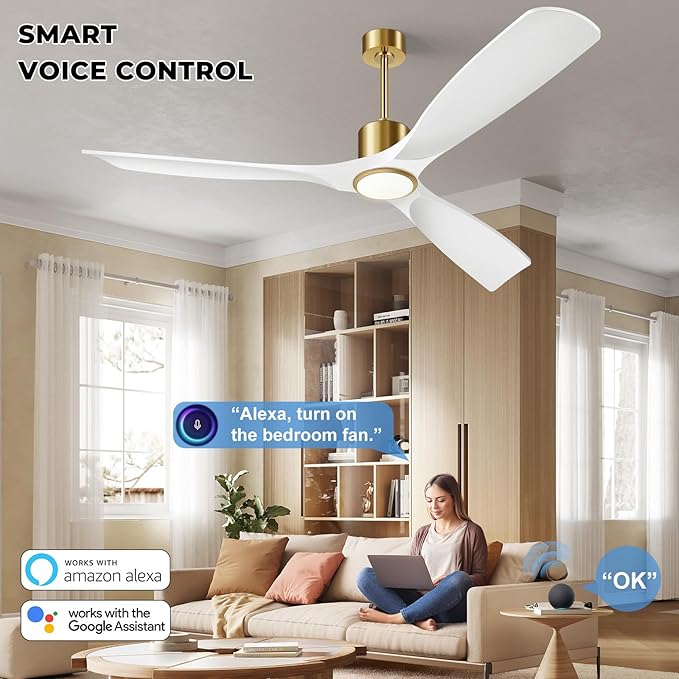 60 Inch Modern White and Gold Ceiling Fan with Lights, 3 Blade, Energy Efficient DC Motor, Smart App & Remote Control, 7230 CFM, 6 Speeds, 3 Light Colors, Indoor/Outdoor