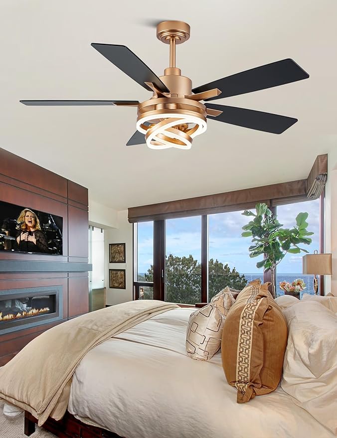 52" Gold Ceilling Fans with Lights Modern Chandelier Fan DC Motor Dimmable Led Fandelier Ceiling Fan with Light for Bedroom, Living Room