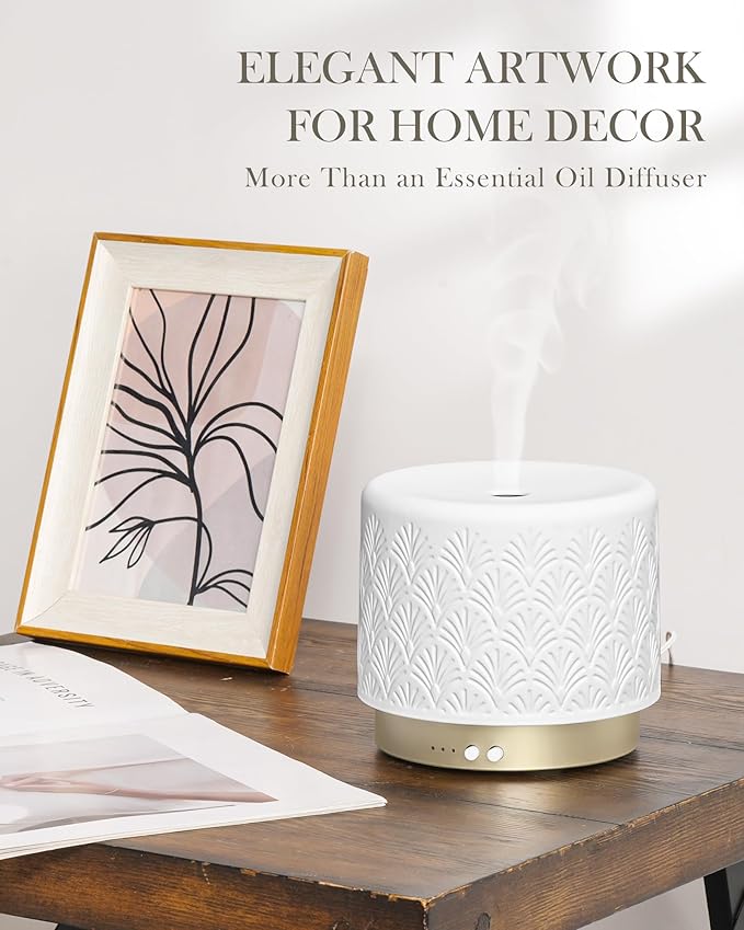 Essential Oil Diffuser -280ml Ceramic Diffuser for Large Room&Commercial Use, 2.4MHz Cool Mist Humidifier & Independent Decorative Light & Aromatherapy Diffuser, Pulse&Continuous Mist, Timer, Auto-Off