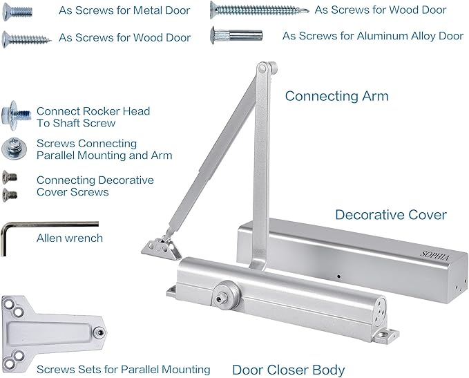 Sophia Medium/Heavy Duty Commercial Door Closer DK8000 Automatic Door Closer, Adjustable Size 1-6 Hydraulic Door Closer Hinge for Heavy Traffic Areas, Grade 1 - ADA Compliant & UL Listed, Silver
