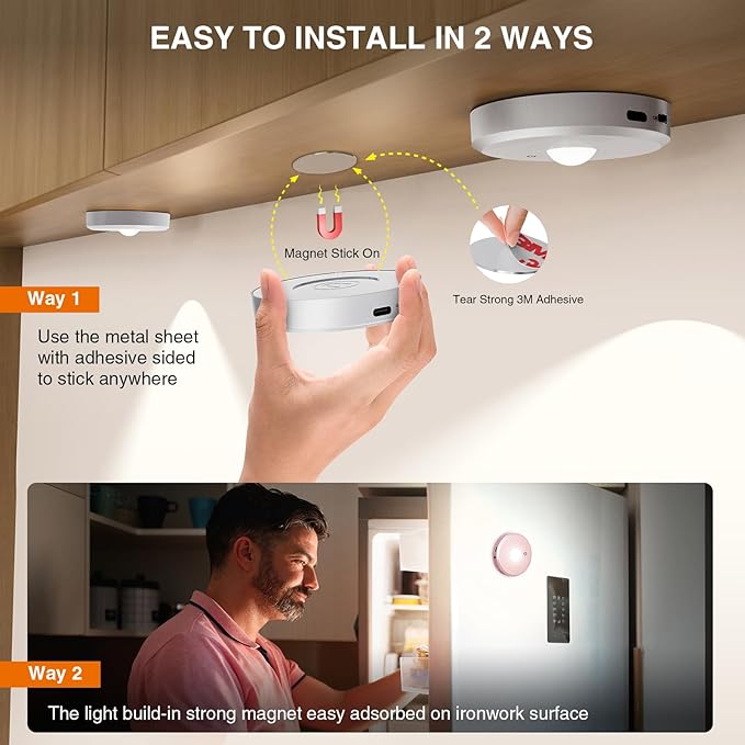 Puck Lights with Remote Control - Rechargeable, Wireless Under Cabinet Lighting, 2000mAh Battery Operated Tap Push Touch Lights, Silver, 3Pcs