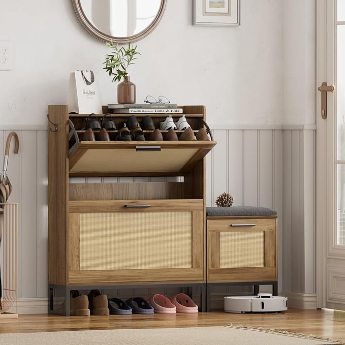 Maupvit Shoe Storage Cabinet with Bench,Rattan Entryway Shoe Storage Bench with 2 Flip Drawers and Hanging Hooks,Narrow Slim Shoe Cabinet for Entryway,Living Room,Hallway,Rustic Oak