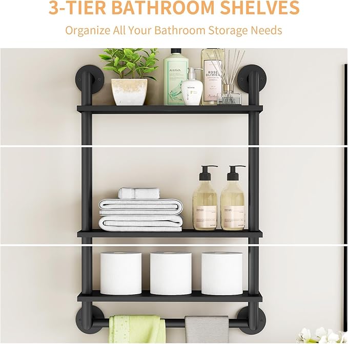 Bathroom Shelves Wall Mounted, 3 Tier Bathroom Shelf with Towel Bar, 26in Stainless Steel Floating Pipe Racks Over Toilet, Wall Shelves for Bathroom Laundry Room Kitchen Storage