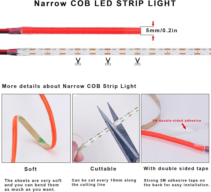 TOPAI 24V Thin 5mm Red COB LED Strip 16.4ft Narrow LED Tape Light Dotless 400LEDs/M High Density Cuttable Flexible for Cabinet Home DIY Lighting Projects