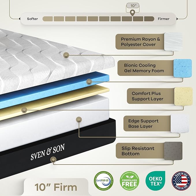 Sven & Son Harmony Adjustable Bed Base, Head and Foot Lift, Massage, Under-Bed Lights, USB, Gel Memory, Zero Gravity Smart Frame - Full + 10 inch Memory Foam Matt (Firm)