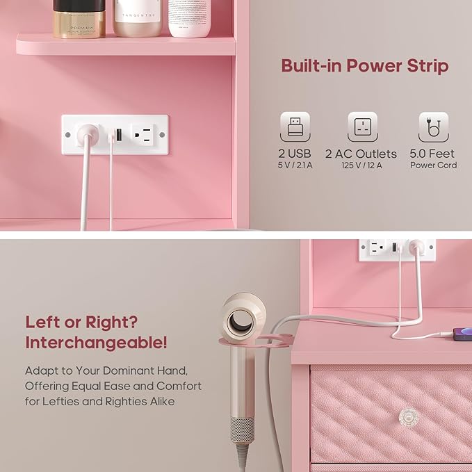 Pink Vanity with Lights and Mirror, 11 Drawer Makeup Vanity with Power Strip, 6 Open Shelves, 43.3” Vanity Desk with Storage, Dressing Table with 3 Color Modes for Bedroom, Women, Girls (Pink)