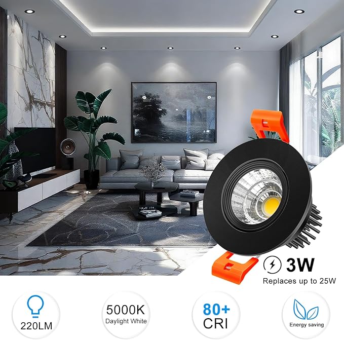 inShareplus 2 Inch LED Downlight, 3W Recessed Lighting 220LM COB Dimmable, 5000K Daylight White, CRI80, Black Trim, Ceiling Lights with LED Driver, 12 Pack