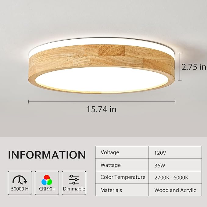 Modern Dimmable Wood Flush Mount Ceiling Light, 2700K-6000K 5CCT Round Close to Ceiling Lighting Fixtures, Minimalist LED Ceiling Lamp for Bedroom, Kitchen, Hallway, Living Room-15.74in