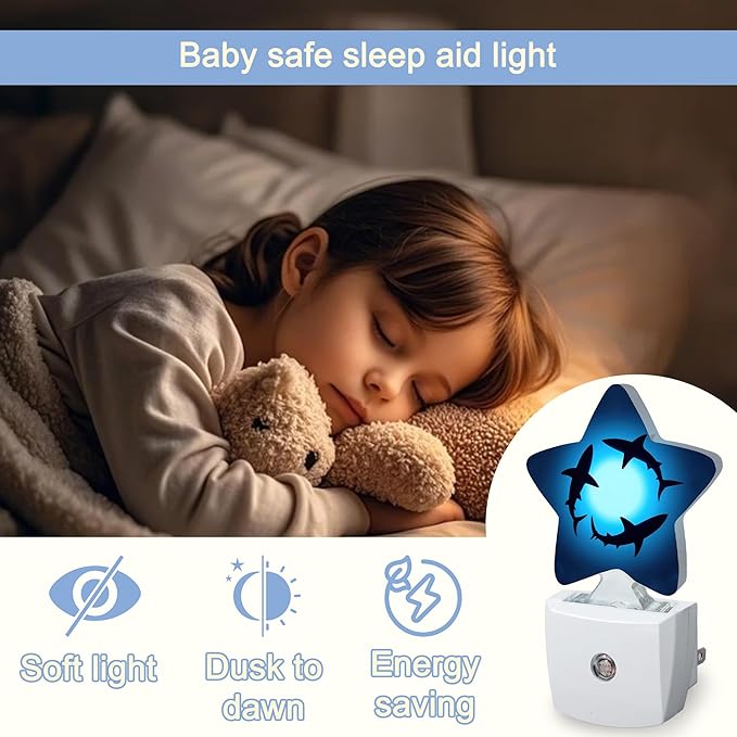 Night Light,Coastal Shark Plug into Wall with Dusk to Dawn Light Sensors,Blue Ocean Sea Warm Star Nightlights for Bedroom,Bathroom,Hallway,Kitchen Home Decor Desk Lamp