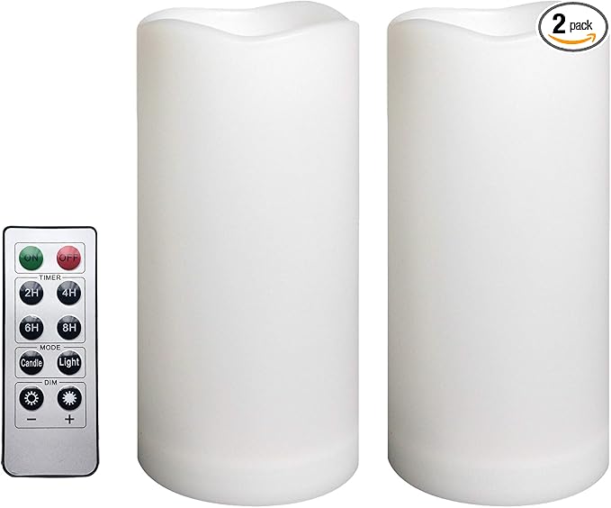 2 Pack Outdoor Flameless Pillar Candles with Remote and Timer Waterproof Battery Operated Electric LED Candle Set for Gift Home Décor Party Wedding Supplies Garden Christmas Decoration, 3” x 6”