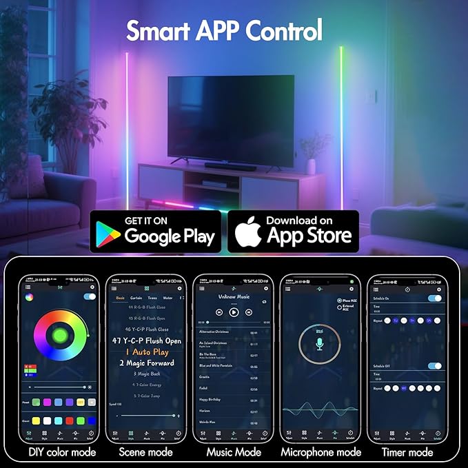 LED RGB Corner Lamp: Smart RGB LED Corner Floor Lamp Adjustable Height with 16 Millon RGBWIC Color Changing Lights 300+ Scene,Music Sync&Timer,Ambient Lighting for Living Room,Bedroom,Game Room
