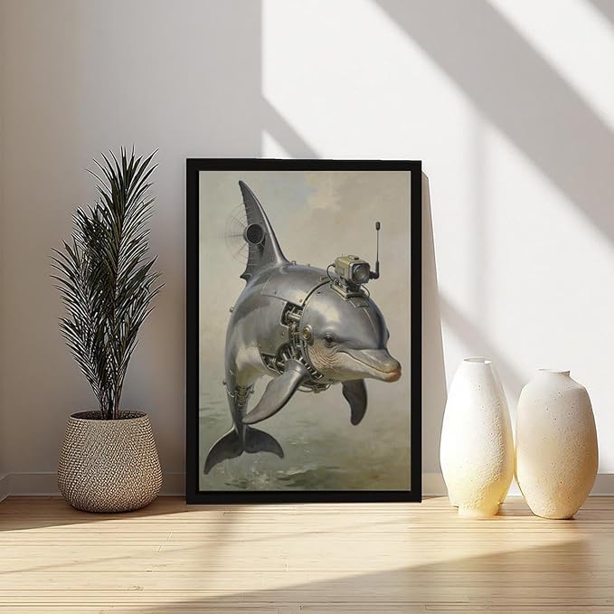 Framed Steampunk Mechanical Dolphin Wall Art - Marine Retro-Futuristic Poster for Beach House Living Room Decor 16x24in