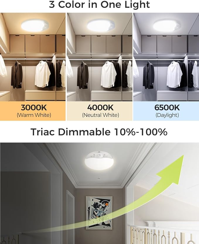 Rechargeable Motion Sensor Ceiling Light with Remote, 3000K/4000K/6500K, Magnetic Wireless Ceiling Light Battery Powered, Dimmable, Timer, Motion Activated, for Closet Shower Hallway Pantry, 1Pack