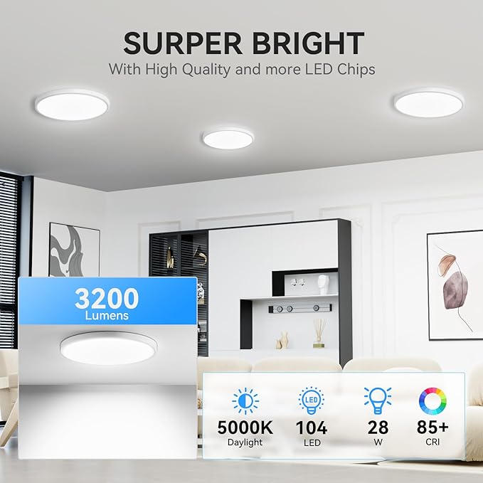 3200lm LED Flush Mount Ceiling Light, Super Slim 12 inch LED Ceiling Light, 5000K LED Ceiling Light for Bedroom, Living Room, Dining Room, Garage, Office (White, 8 Pack)