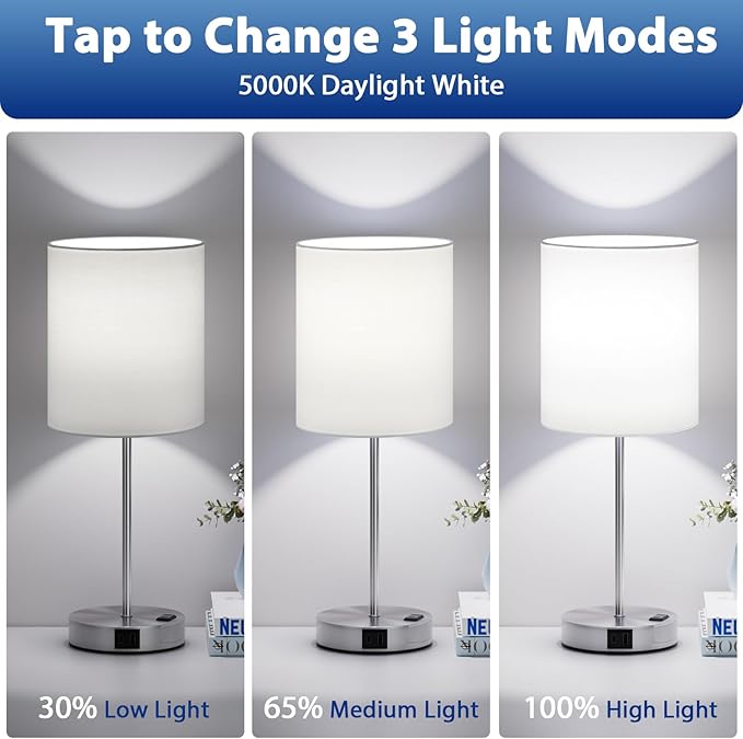White Touch Lamps for Nightstand Set of 2 - Bedside Table Lamp for Bedroom with Dual USB Ports & AC Outlet, 3-Way Dimmable Lamps for Living Room Boys Room, Night Light with 5000K Daylight Bulbs