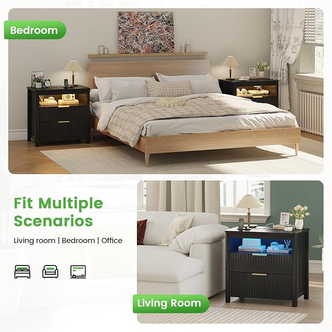 HNEBC Nightstand with Gun Drawer for Bedroom,Black Night Stand with Hidden Compartment, Auto LED Lighted, Charger Station, 2 Drawer, 23.6" Wider Bedside Table for Dorm,Sofa,Office