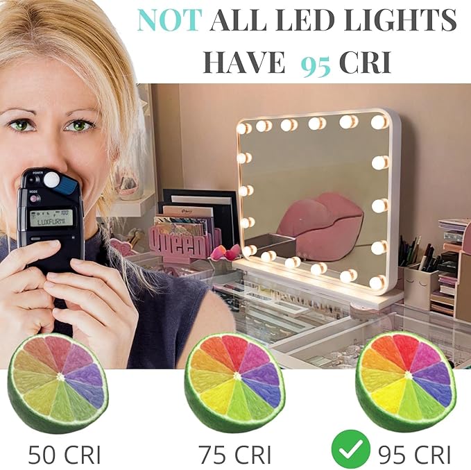 LUXFURNI Large Hollywood Vanity Mirror with Lights, 25" Lx21 W Lighted Makeup Mirror with 18 Dimmable Bulbs, Smart Touch Control 3 Color Lighting Modes, White