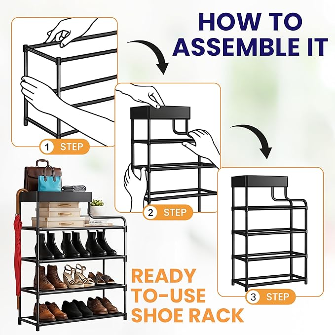 Entryway Shoe Storage, Shoe Rack For Closet, Zapateras Organizer, Organizador de Zapatos, 4 Tier Storage Rack with Top Tray, Narrow Zapatero for Sneakers, Boots and Heels