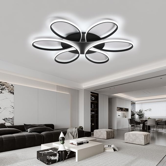 Modern LED Ceiling Light Fixture Black Flush Mount Ceiling Lamp with Remote Control Dimmable 6 Rings Flower Shaped Ideal for Living Room Bedroom Dining Room Kitchen(75CM/29.5IN)