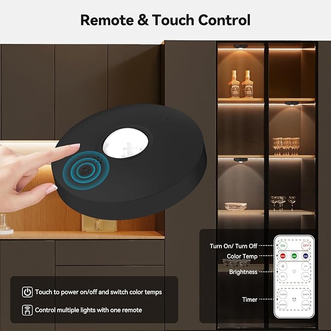 Yiliaw Rechargeable Puck Lights with Remote, 12 Pack Magnetic Under Cabinet Lighting, 1500mAh Battery Operated LED Tap Lights with Dimmer & Timmer for Kitchen, Closet, Shelf - 3 Color Temps, Black