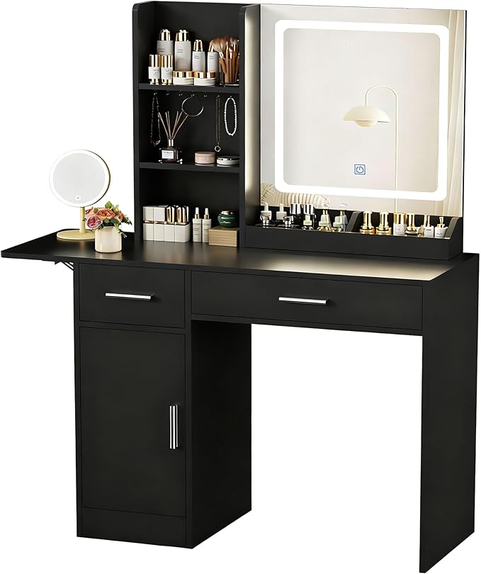Vanity Desk with Mirror and Lights, 39.37" 4 Drawers Makeup Desk Without Stool, Extra Foldable Desk with 3 Open Shelves Make Up Table for Girls and Ladies Bedroom, Black