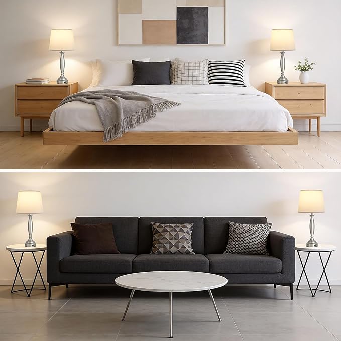 25.5" Lamps for Bedrooms Set of 2 - Touch Bedside Lamp with USB C+A, 3 Way Dimmable Nightstand Lamps with USB Port, Brushed Nickel Table Lamp for Living Room Bed Side End Table（bulbs included）
